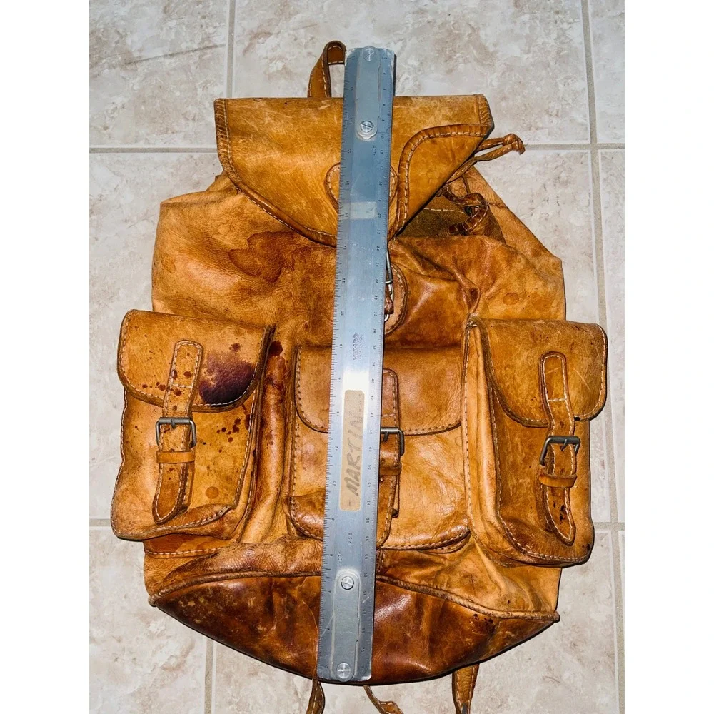 Vintage Distressed Leather Rucksack Backpack Boho Festival Utility Camel
